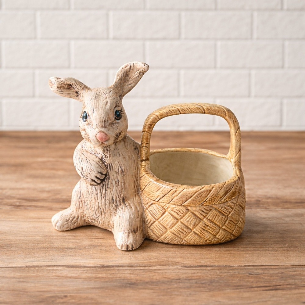 Vintage Ceramic Bunny Rabbit Planter Basket